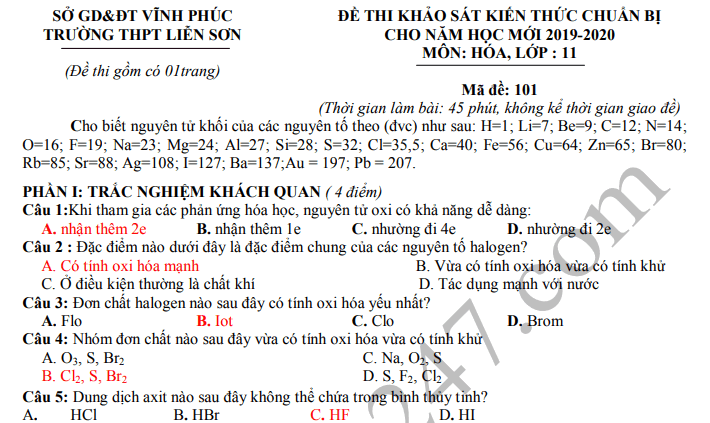 Đề KSCL lớp 11 môn Hóa - THPT Liễn Sơn 2019