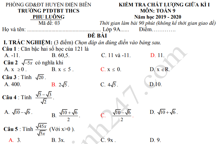 Đề thi giữa kì 1 môn Toán lớp 9 năm 2019 - THCS Phu Luông