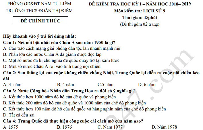 Đề thi học kì 1 môn Sử lớp 9 - THCS Đoàn Thị Điểm 2018 - 2019