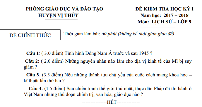 Đề thi học kì 1 môn Sử lớp 9 - huyện Vị Thủy 2018