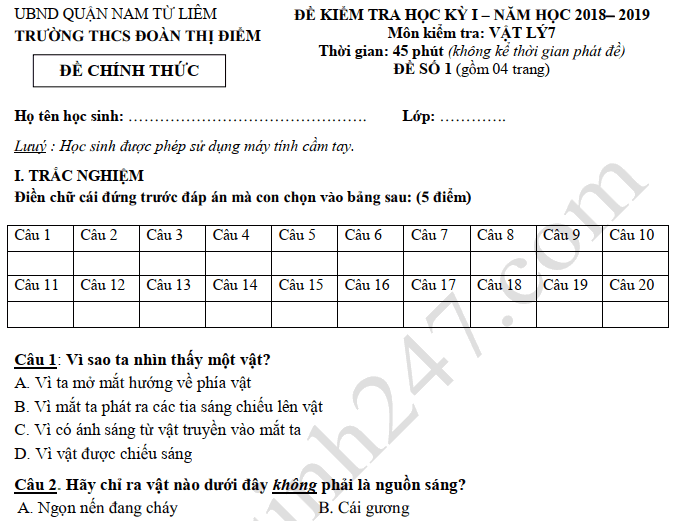 Đề thi kì 1 môn Lý lớp 7 - THCS Đoàn Thị Điểm 2018 - 2019