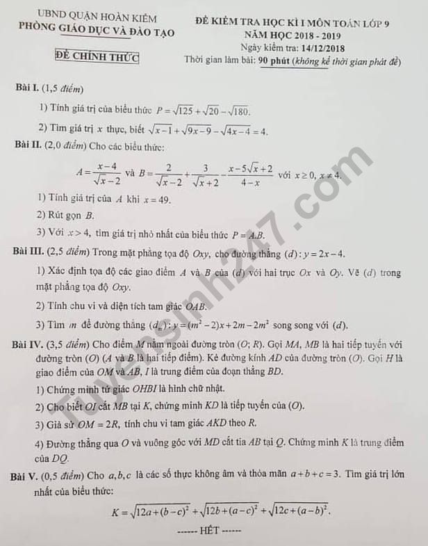 Đề thi kì 1 môn Toán lớp 9 năm 2018 - 2019 Quận Hoàn Kiếm 