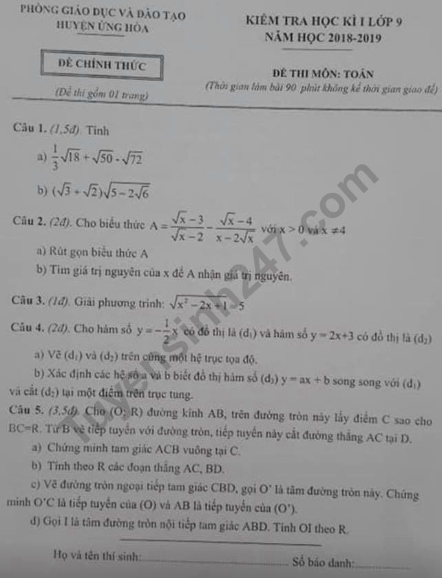 Đề thi kì 1 môn Toán lớp 9 huyện Ứng Hòa 2018 - 2019