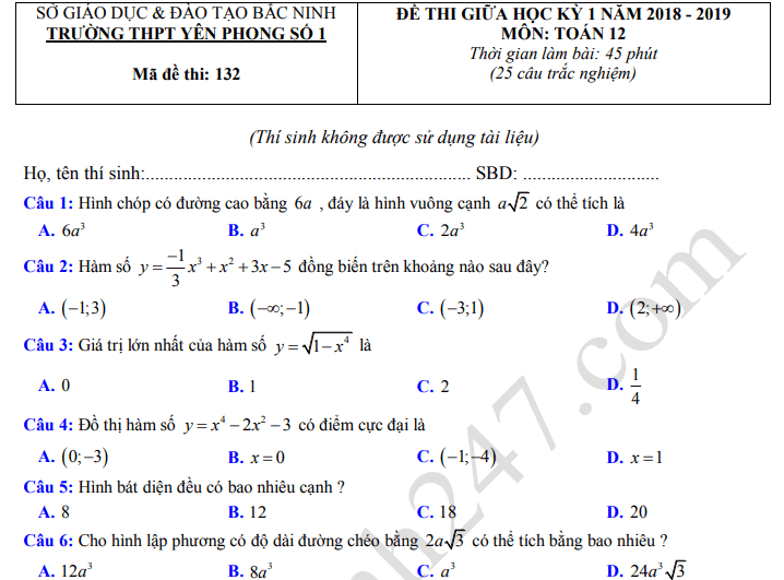 Đề thi giữa kì 1 môn Toán lớp 12 năm 2019 - Có đáp án THPT Yên Phong