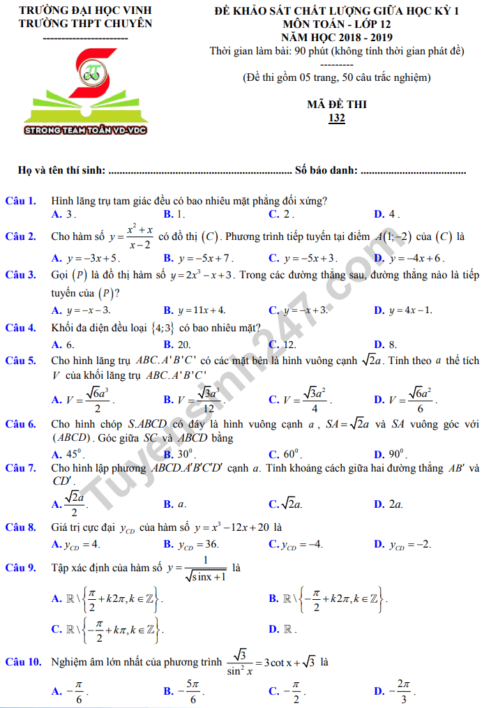 Đề thi giữa kì 1 lớp 12 môn Toán - Chuyên ĐH Vinh 2019