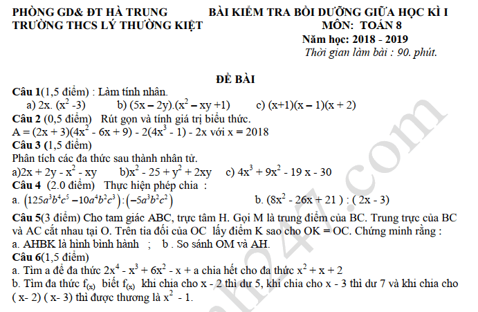 Đề thi 8 tuần kì 1 lớp 7 môn Toán 2019 - THCS Lý Thường Kiệt