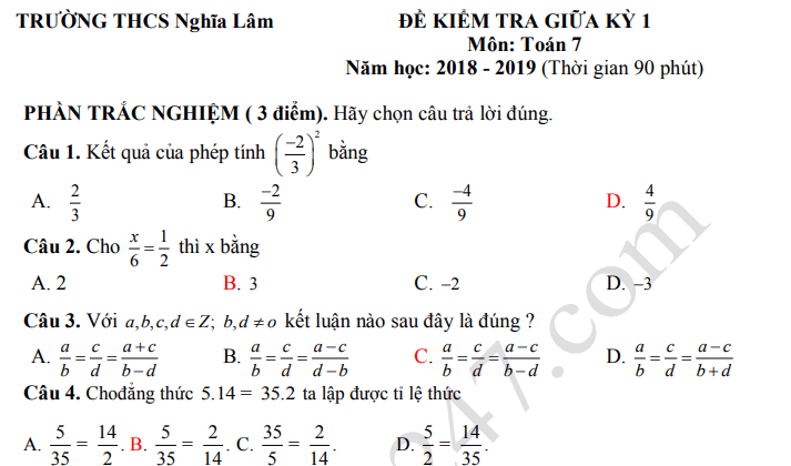 Đề kiểm tra giữa kì 1 lớp 7 môn Toán 2019 - THCS Nghĩa Lâm có đáp án