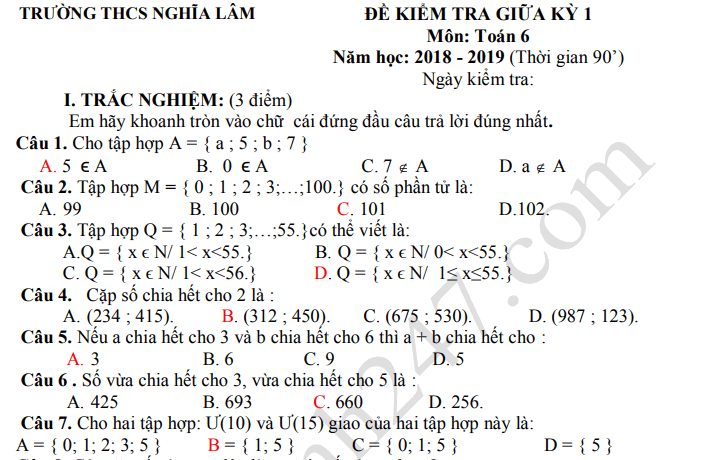 Đề thi giữa kì 1 môn Toán lớp 6 - THCS Nghĩa Lâm 2019