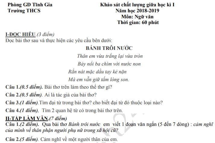 Đề kiểm tra giữa kì 1 môn Văn lớp 7 - Phòng GD Tĩnh Gia 2018