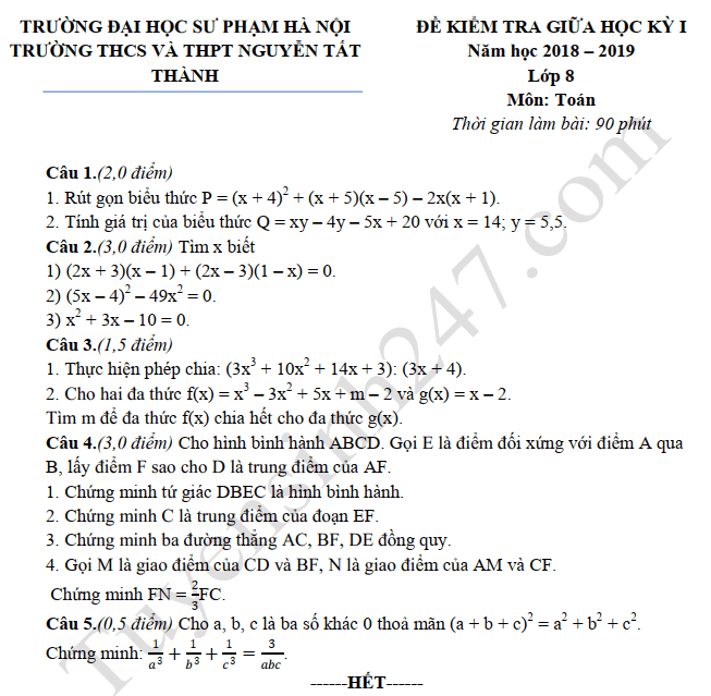Đề thi giữa kì 1 lớp 8 môn Toán 2019 - THCS THPT Nguyễn Tất Thành