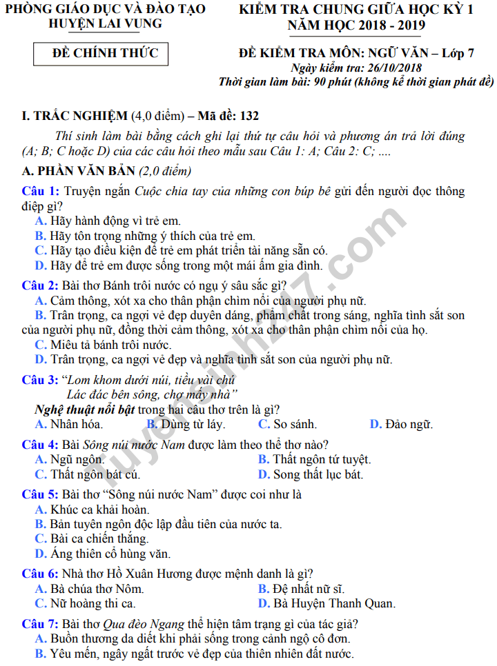 Đề thi giữa kì 1 môn Văn lớp 7 năm 2018 - 2019 huyện Lai Vung