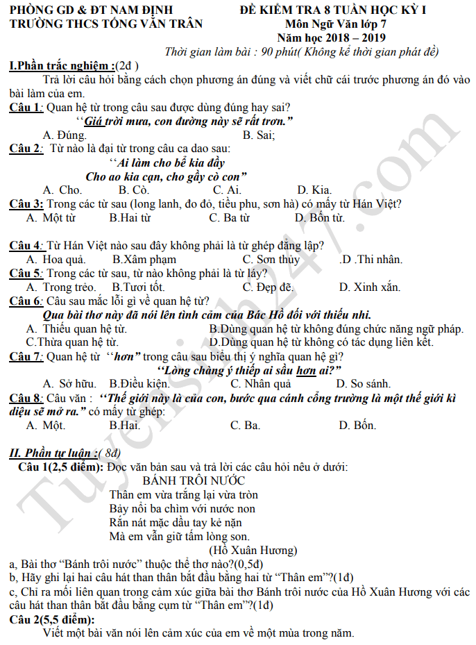 Đề thi giữa kì 1 môn Văn lớp 7 - THCS Tống Văn Trân 2018 - 2019