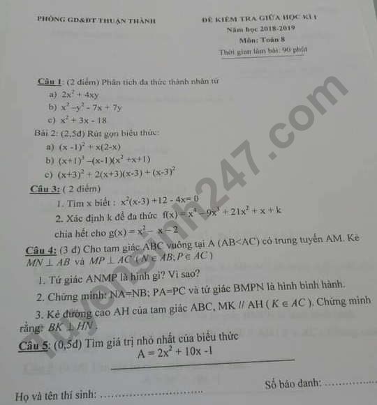 Đề thi giữa kì 1 môn Toán lớp 8 phòng GD Thuận Thành 2018 - 2019