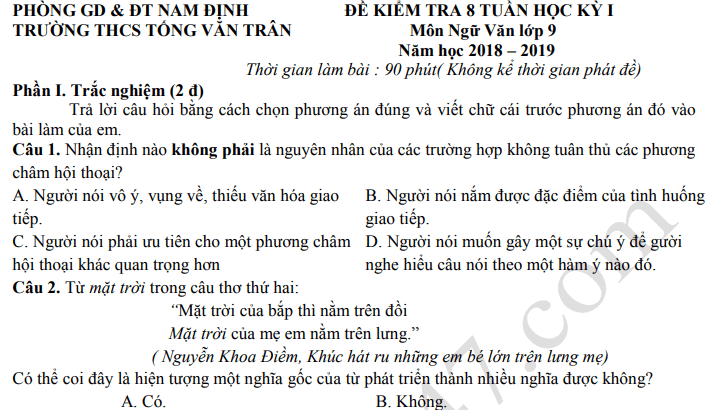 Đề thi giữa kì 1 môn Văn lớp 9 - THCS Tống Văn Trân 2018 - 2019