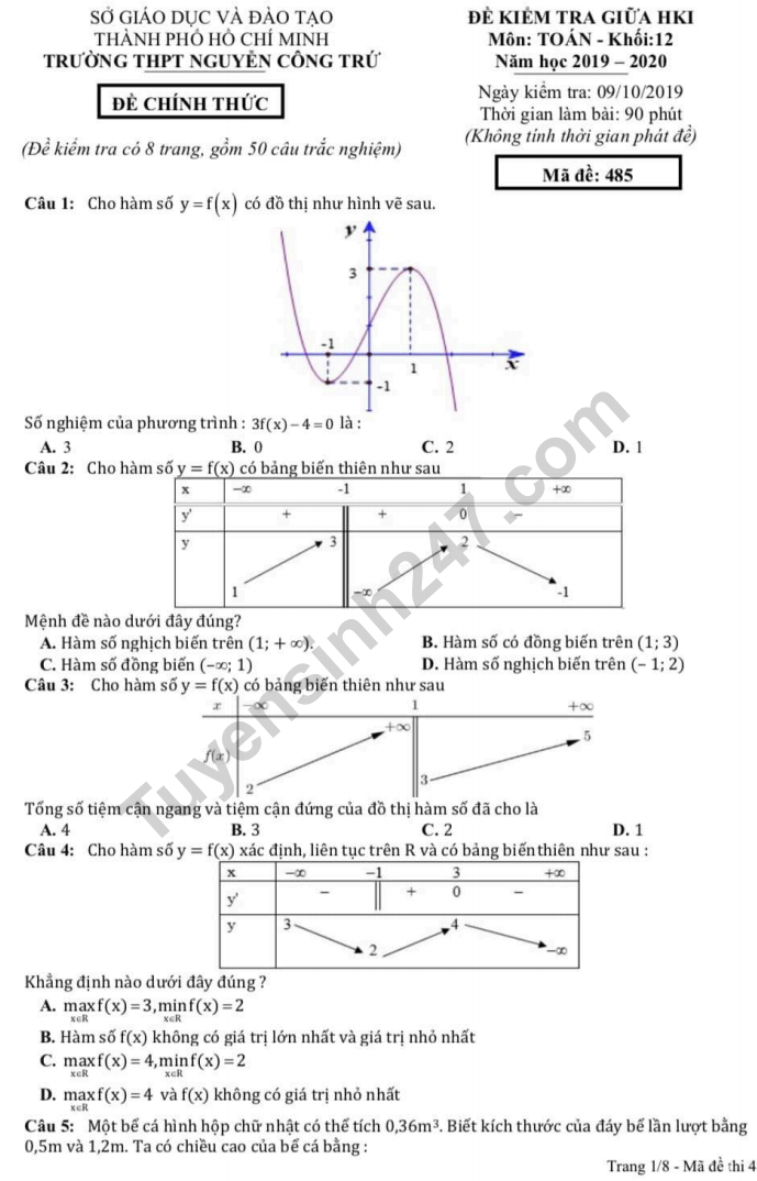 Đề thi giữa kì 1 môn Toán lớp 12 năm 2019 - THPT Nguyễn Công Trứ