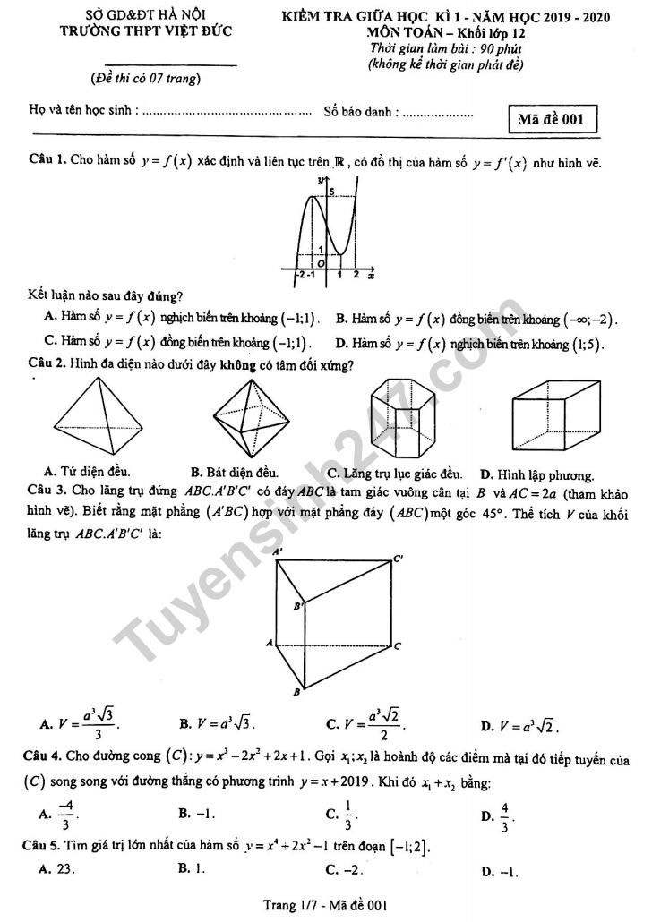 Đề thi giữa kì 1 môn Toán lớp 12 - THPT Việt Đức 2019