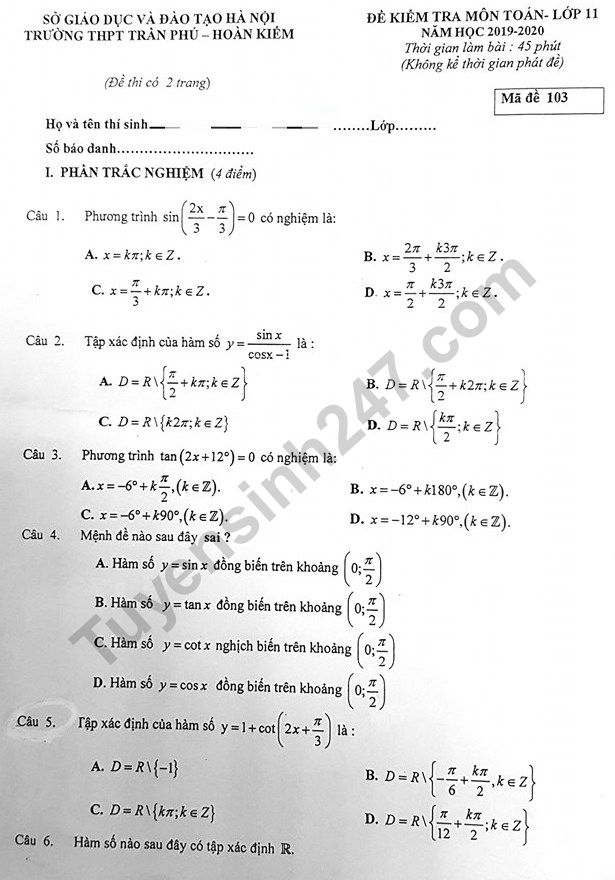 Đề thi giữa kì 1 môn Toán lớp 11 - THPT Trần Phú 2019