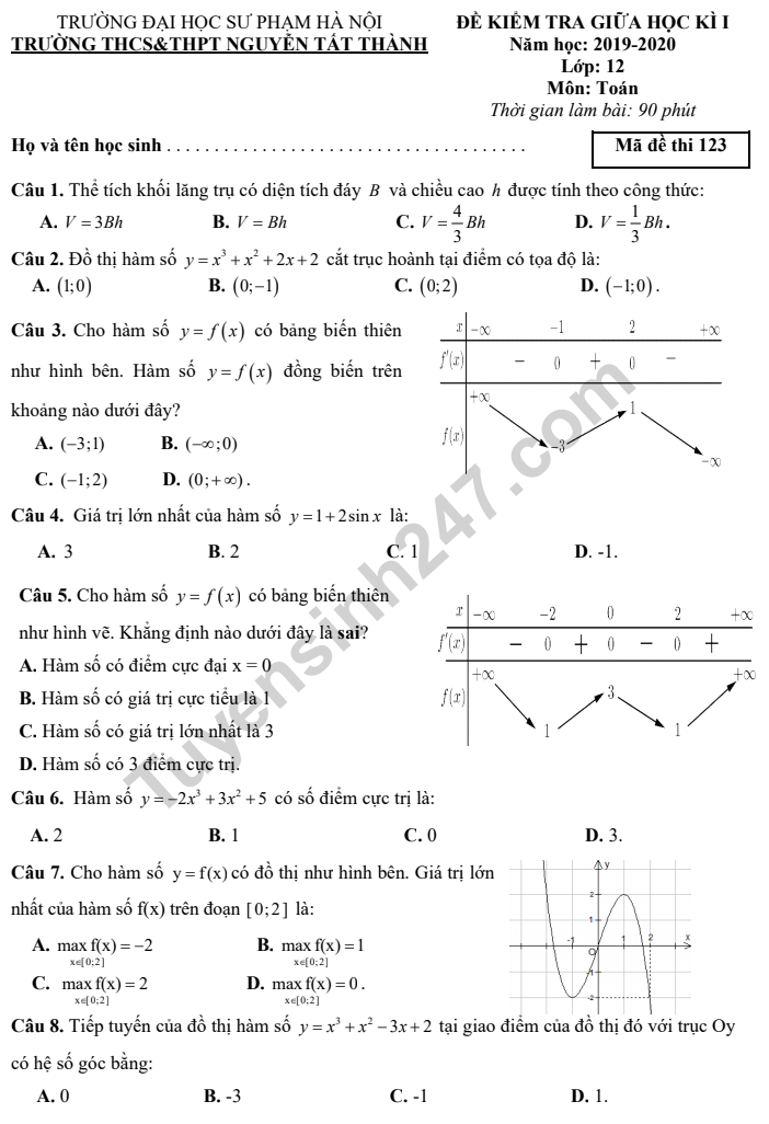 Đề thi giữa kì 1 lớp 12 môn Toán 2019 - THCS THPT Nguyễn Tất Thành Có đáp án