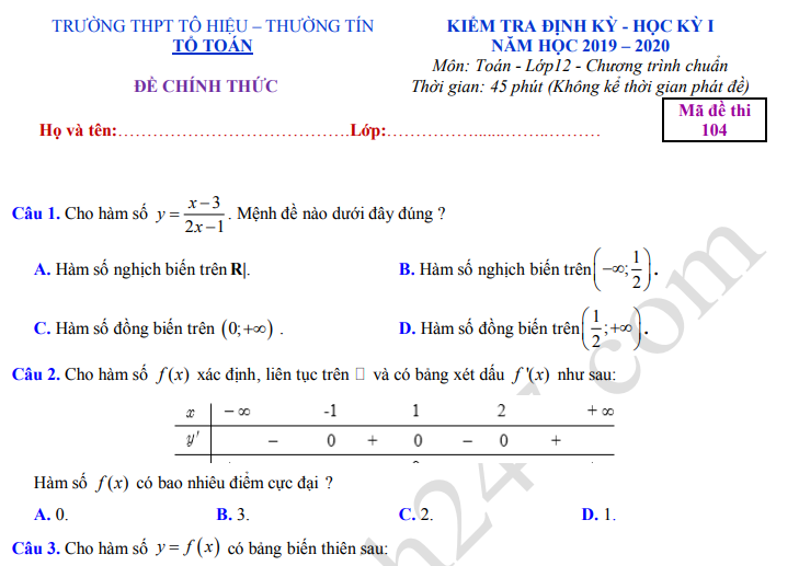 Đề thi giữa kì 1 lớp 12 môn Toán 2019 - THPT Tô Hiệu