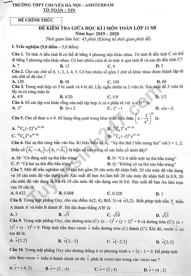 Đề thi giữa kì 1 môn Toán lớp 11 - Chuyên Hà Nội Amsterdam 2019