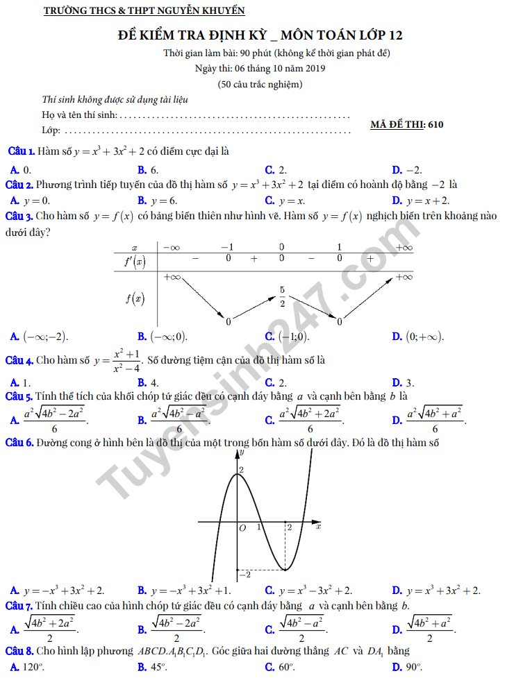 Đề thi giữa kì 1 lớp 12 môn Toán 2019 - THPT Nguyễn Khuyến