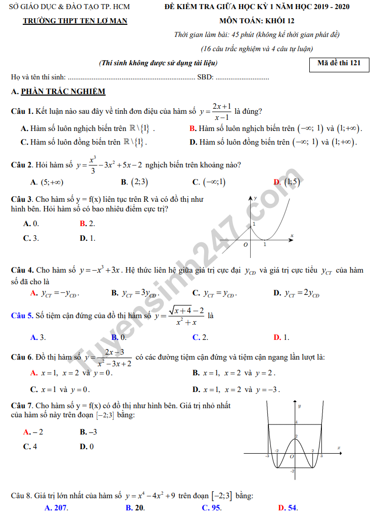 Đề thi giữa kì 1 lớp 12 môn Toán 2019 - THPT Ten Lơ Man