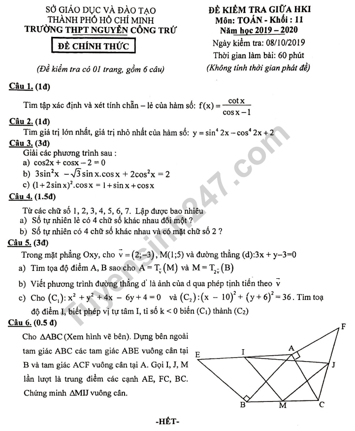 Đề thi giữa kì 1 môn Toán lớp 11 năm 2019 - THPT Nguyễn Công Trứ