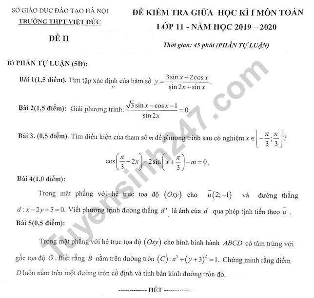 Đề thi giữa kì 1 môn Toán lớp 11 - THPT Việt Đức 2019