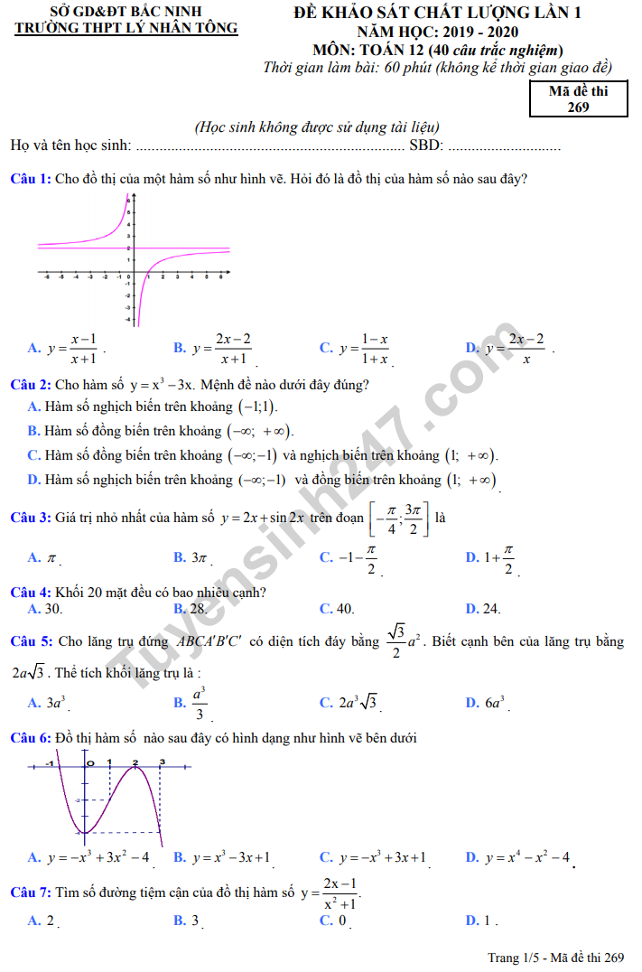 Đề thi giữa kì 1 lớp 12 năm 2019 môn Toán - THPT Lý Nhân Tông