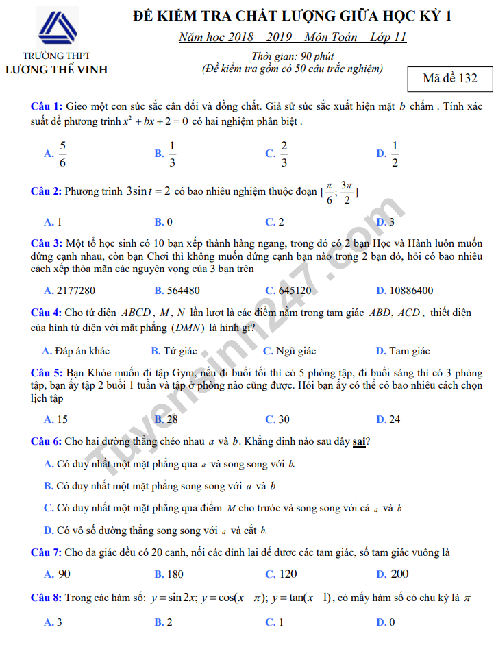 Đề thi giữa kì 1 lớp 11 môn Toán 2019 - THPT Lương Thế Vinh