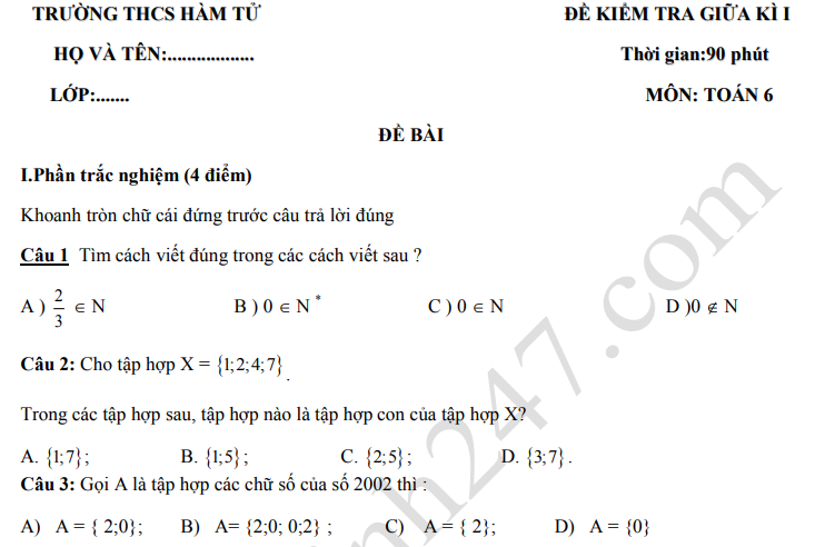 Đề thi giữa kì 1 môn Toán lớp 6 năm 2019 - THCS Hàm Tử 