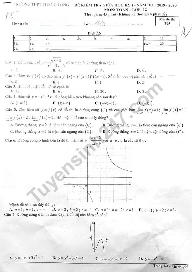 Đề thi giữa kì 1 lớp 12 môn Toán 2019 - THPT Thăng Long