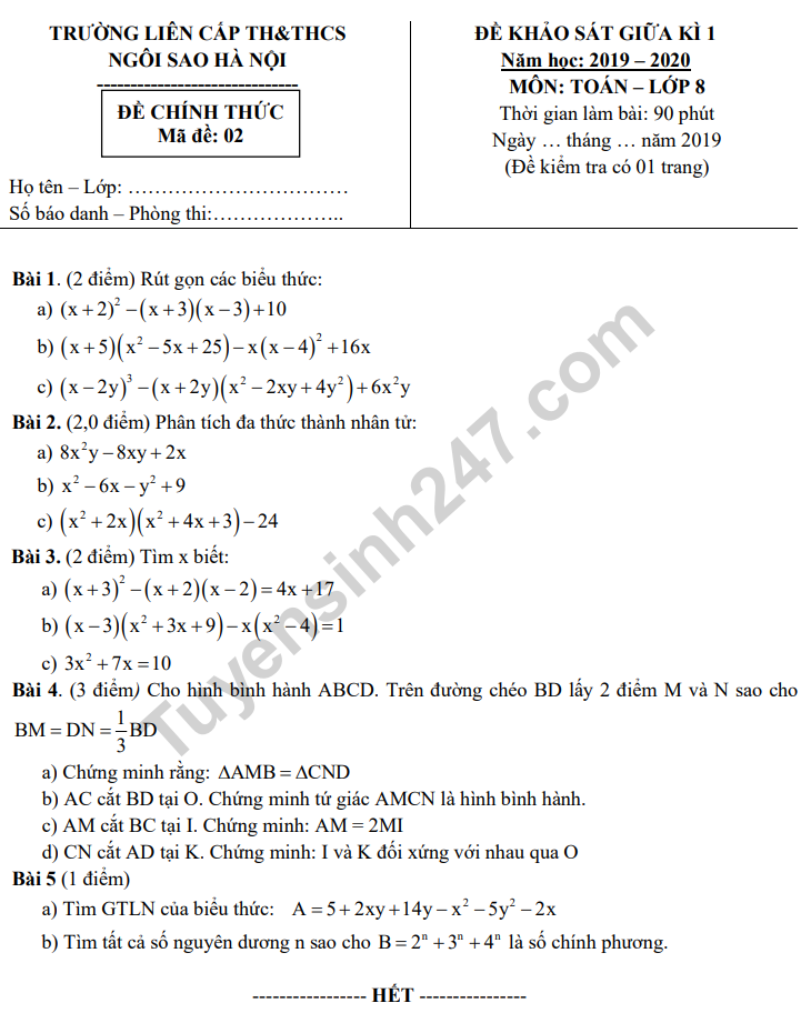 Đề thi giữa kì 1 lớp 8 môn Toán 2019 - THCS Ngôi sao Hà Nội