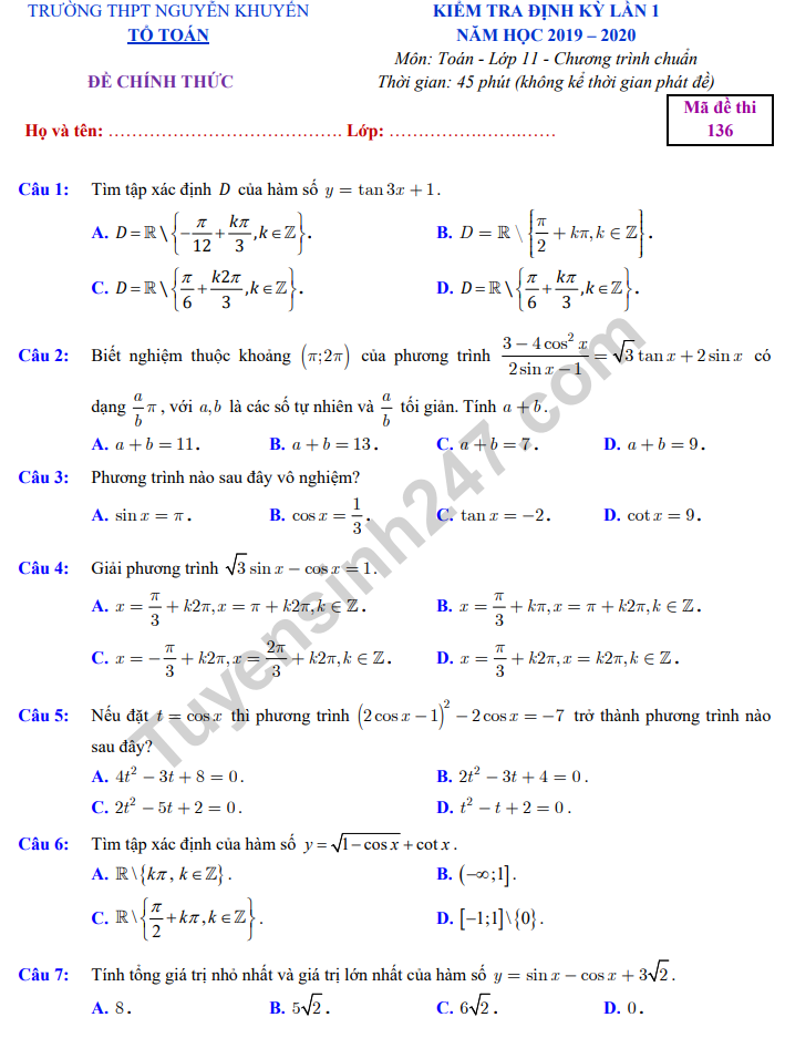 Đề thi giữa kì 1 môn Toán lớp 11 THPT Nguyễn Khuyến 2019