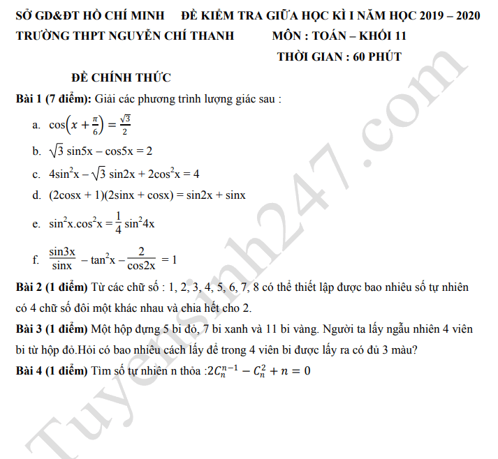 Đề thi giữa kì 1 môn Toán lớp 11 - THPT Nguyễn Chí Thanh 2019