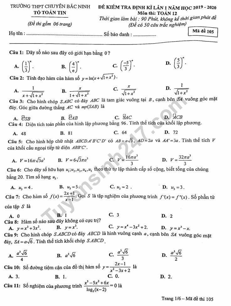 Đề thi giữa kì 1 môn Toán lớp 12 Chuyên Bắc Ninh 2019