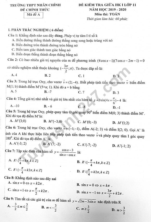 Đề thi giữa kì 1 lớp 11 môn Toán 2019 - 2020 THPT Nhân Chính