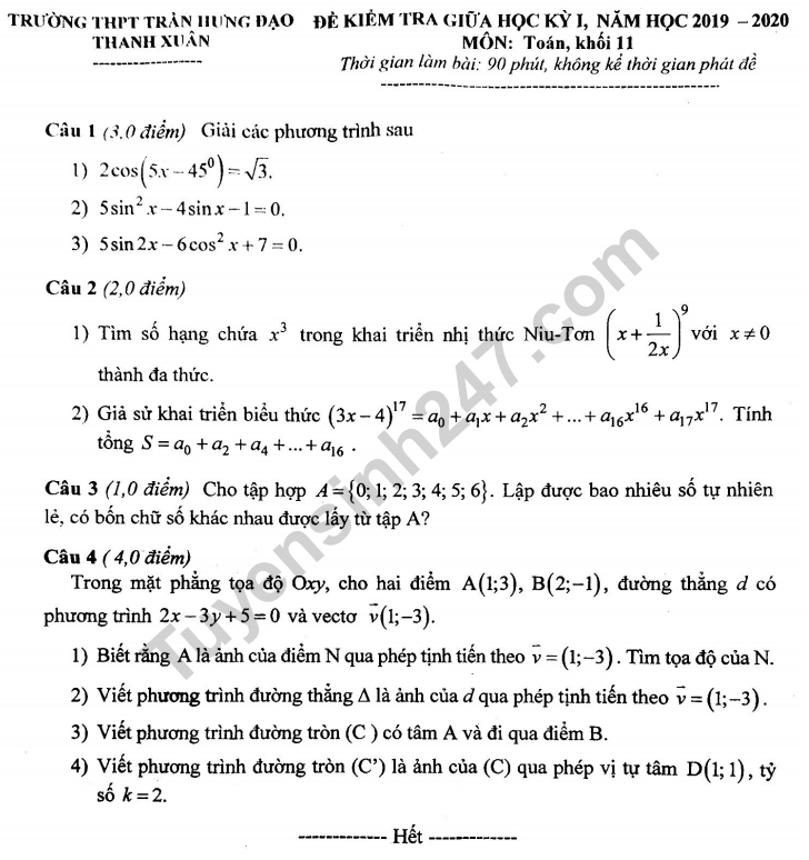 Đề kiểm tra giữa kì 1 lớp 11 môn Toán THPT Trần Hưng Đạo 2019