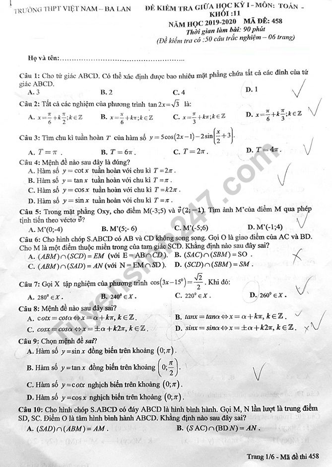 Đề thi giữa kì 1 môn Toán lớp 11 năm 2019 - THPT Việt Nam Ba Lan