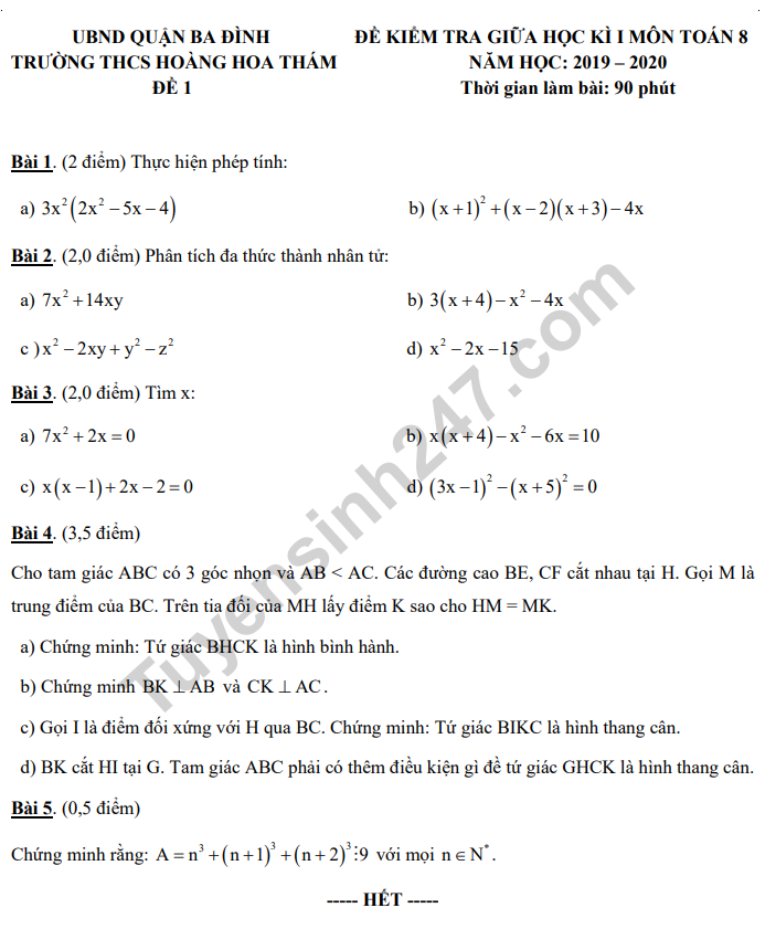 Đề kiểm tra giữa kì 1 lớp 8 môn Toán 2019 - THCS Hoàng Hoa Thám