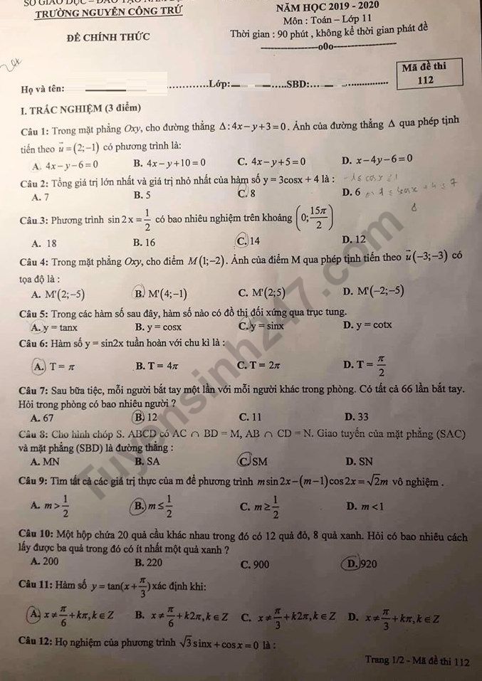 Đề thi giữa kì 1 lớp 11 môn Toán 2019 - 2020 - THPT Nguyễn Công Trứ