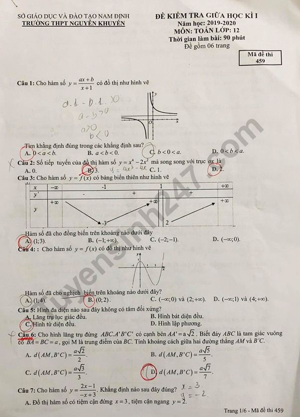 Đề thi giữa học kì 1 môn Toán lớp 12 năm 2019 - THPT Nguyễn Khuyến