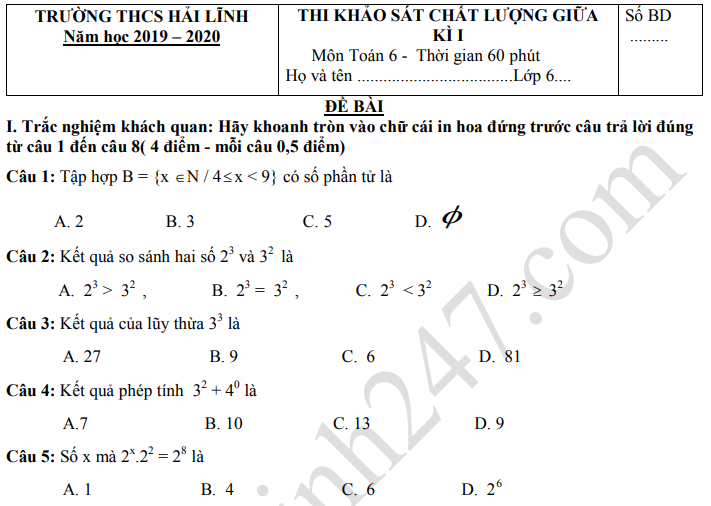 Đề thi giữa kì 1 lớp 6 môn Toán 2019 - 2020 THCS Hải Lĩnh