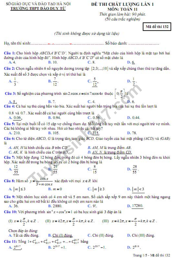 Đề thi giữa kì 1 lớp 11 môn Toán 2019 - THPT Đào Duy Từ