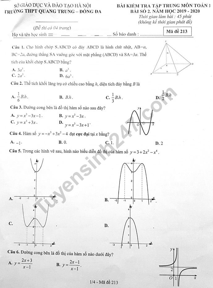 Đề thi giữa kì 1 môn Toán lớp 12 - THPT Quang Trung Đống Đa 2019