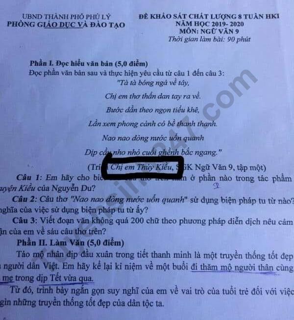 Đề thi giữa kì 1 môn Ngữ Văn lớp 9 - TP Phủ Lý năm học 2019-2020