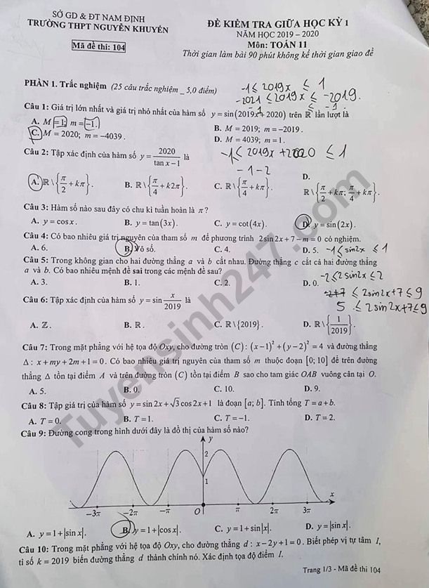 Đề thi giữa kì 1 môn lớp 11 Toán năm học 2019-2020 THPT Nguyễn Khuyến 