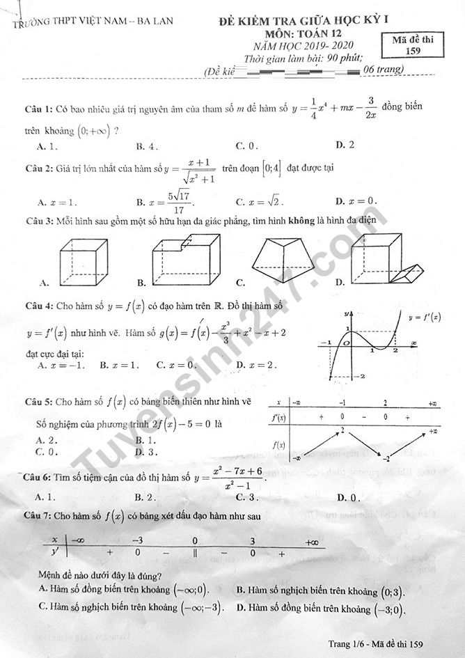 Đề kiểm tra giữa học kì 1 môn Toán THPT Việt Nam - Ba Lan lớp 12 năm 2019