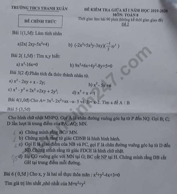 Đề kiểm tra giữa kì 1 môn Toán lớp 8 năm 2019 Trường THCS Thanh Xuân