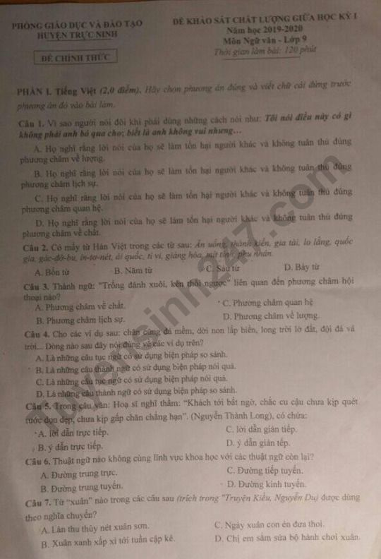 Đề thi giữa kì 1 môn Văn lớp 9 năm 2019 - Huyện Trực Ninh 